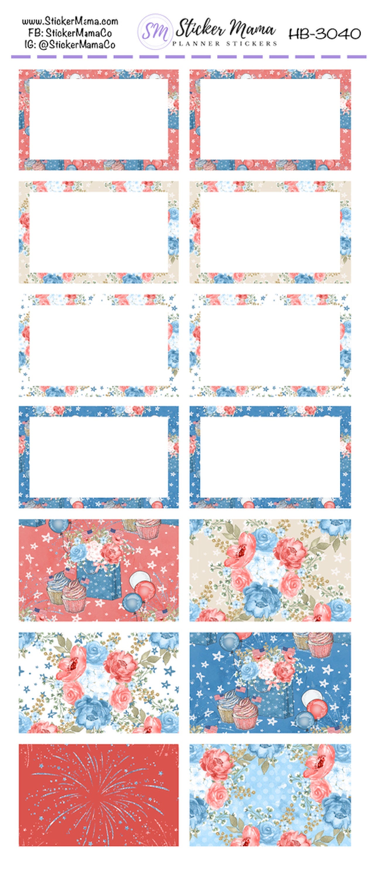 BL-3040 - HB-3040 BASIC Label Stickers - Patriotic - Half Boxes - Planner Stickers - Full Box for Planners