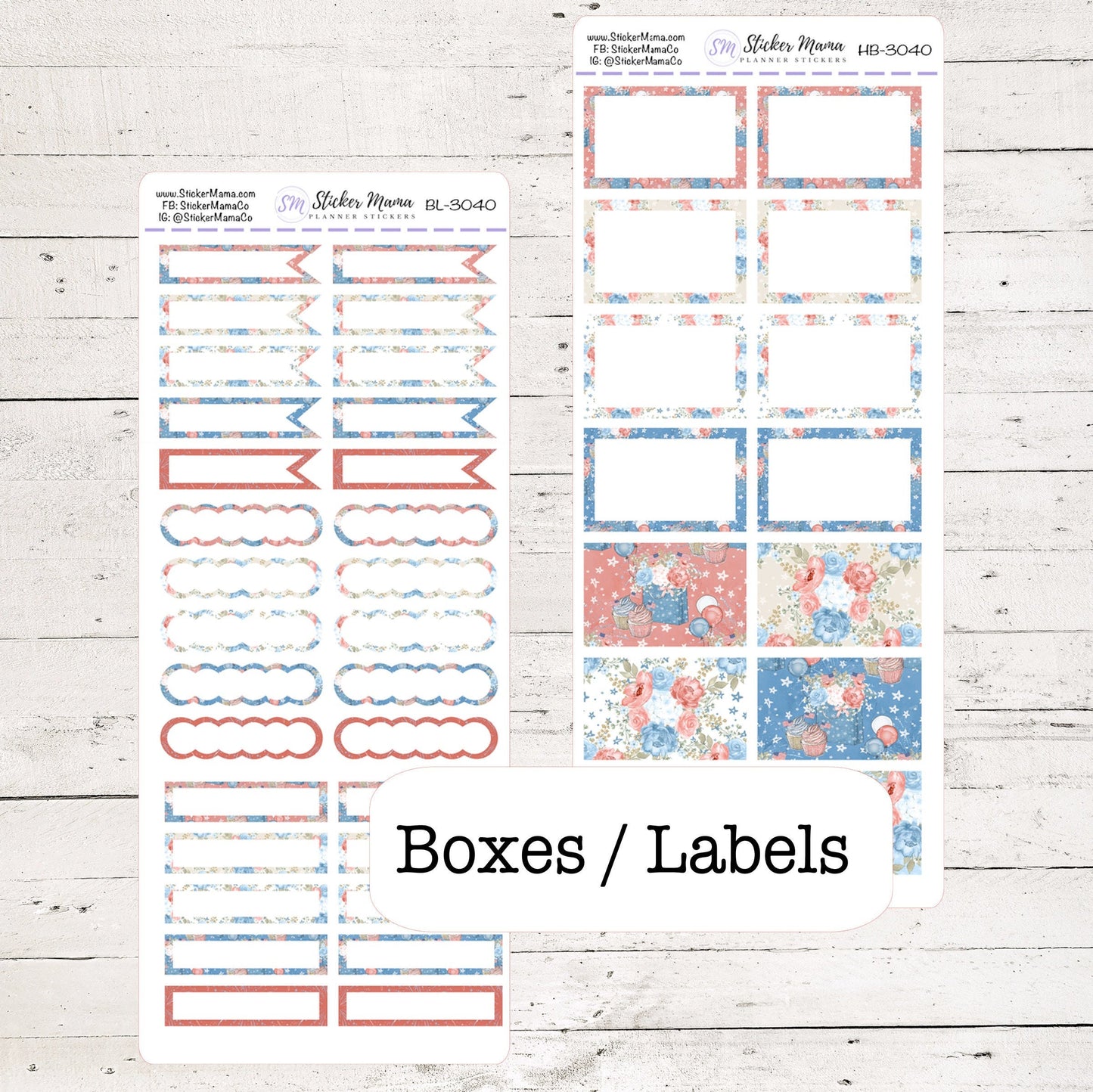 BL-3040 - HB-3040 BASIC Label Stickers - Patriotic - Half Boxes - Planner Stickers - Full Box for Planners