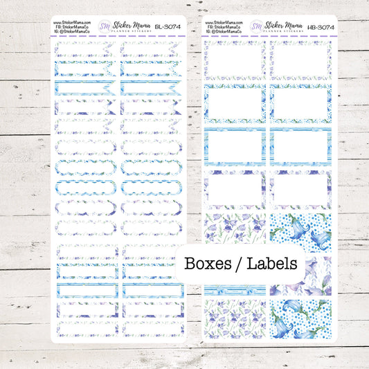 BL-3074 - HB-3074 BASIC Label Stickers - Bellflowers - Half Boxes - Planner Stickers - Full Box for Planners