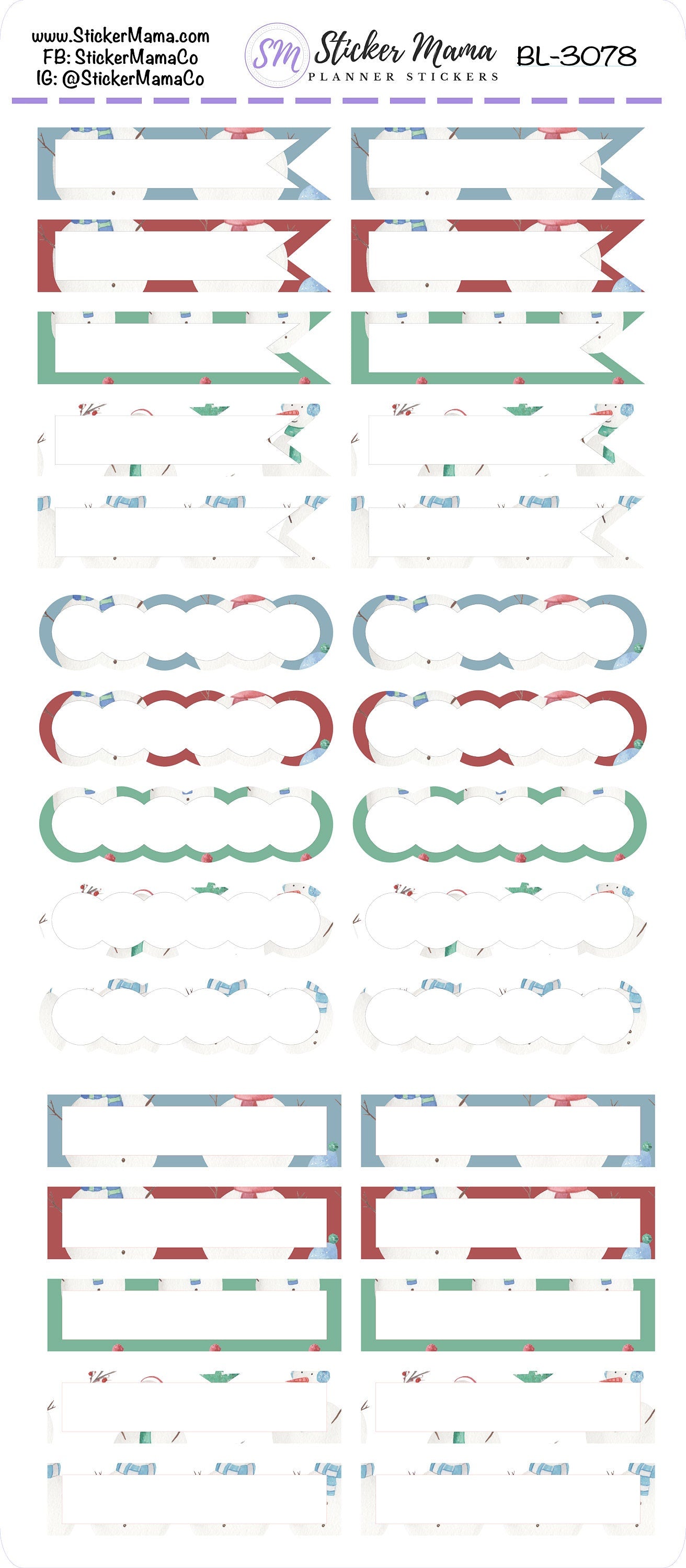 BL-3078 - HB-3078 BASIC Label Stickers - Snowmen - Half Boxes - Planner Stickers - Full Box for Planners