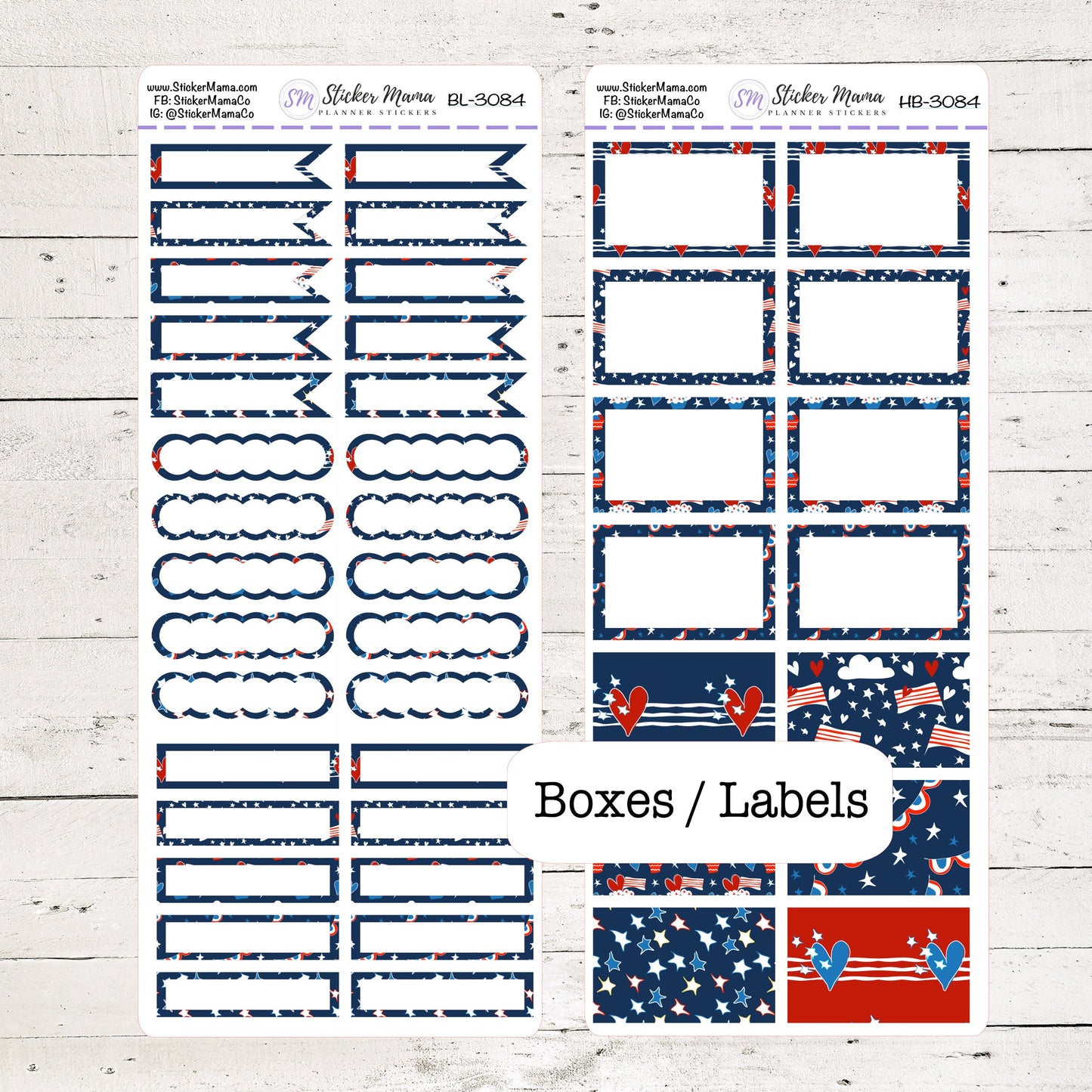 BL-3084 - HB-3084 BASIC Label Stickers - 4th of July - Half Boxes - Planner Stickers - Full Box for Planners