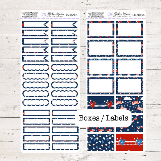 BL-3084 - HB-3084 BASIC Label Stickers - 4th of July - Half Boxes - Planner Stickers - Full Box for Planners