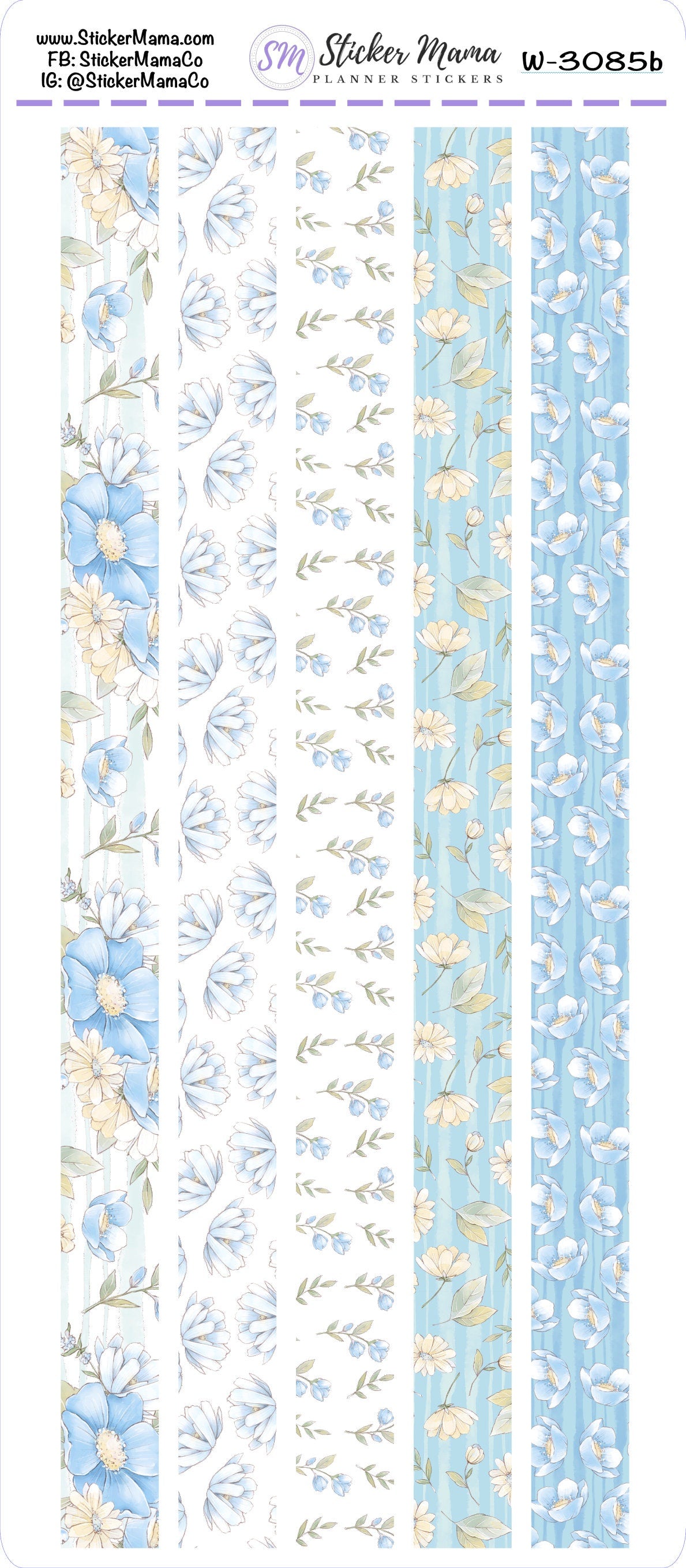 W-3085 - WASHI STICKERS - AUGUST Delicate Blue Flowers - Planner Stickers - Washi for Planners