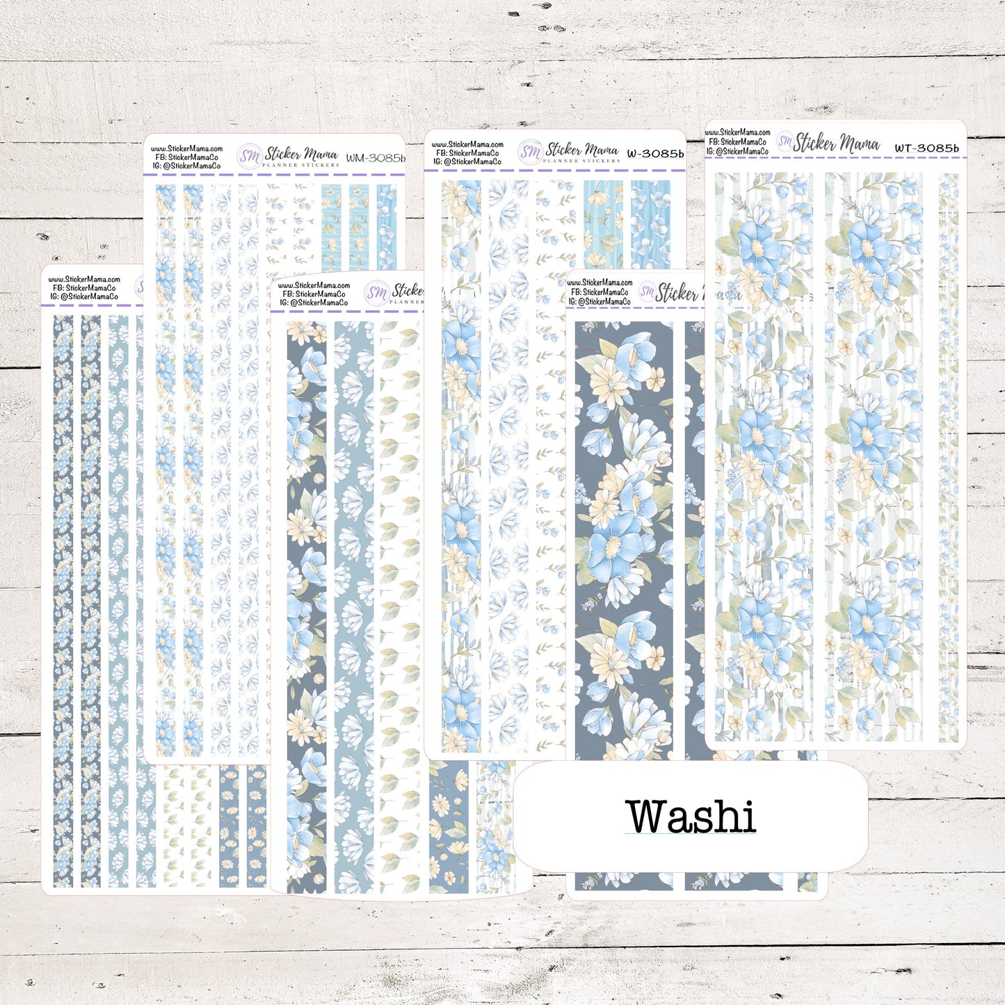 W-3085 - WASHI STICKERS - AUGUST Delicate Blue Flowers - Planner Stickers - Washi for Planners