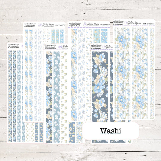 W-3085 - WASHI STICKERS - AUGUST Delicate Blue Flowers - Planner Stickers - Washi for Planners