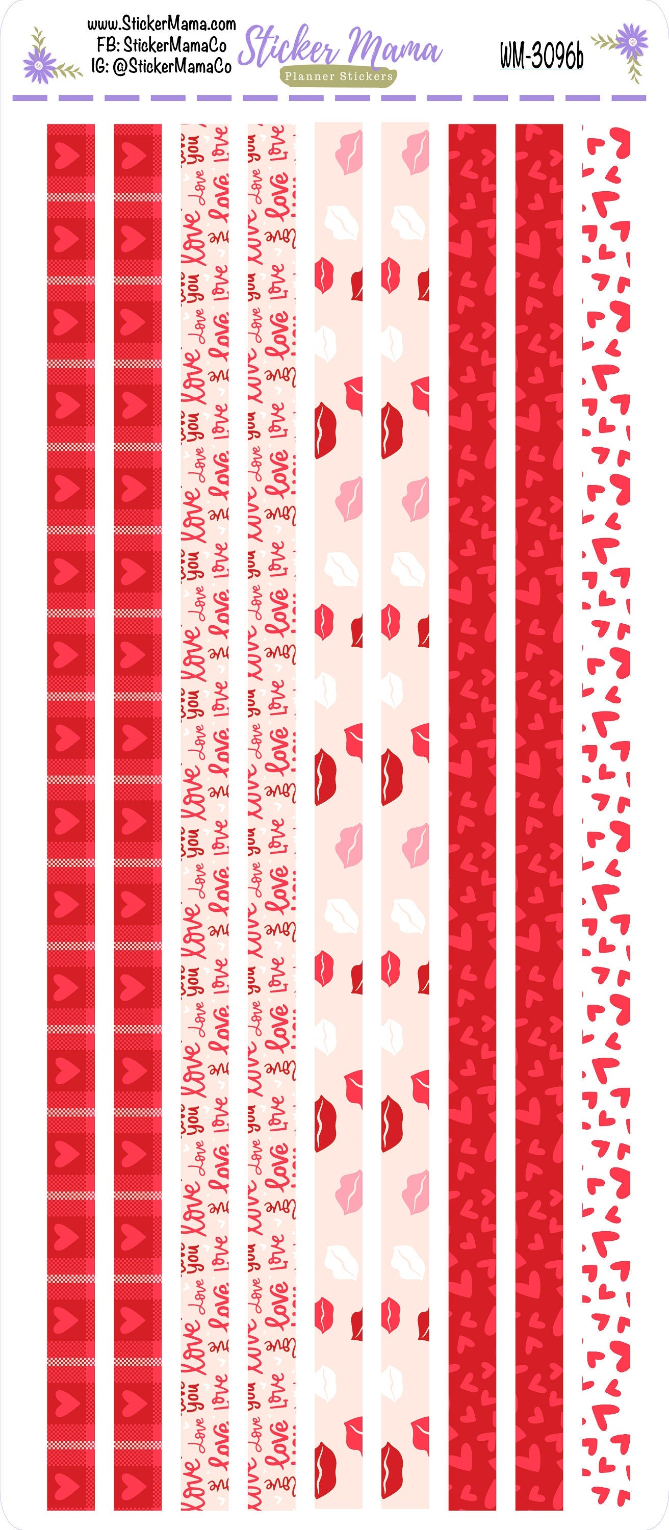 W-3096- Hearts 'n Kisses Washi Stickers || Planner Stickers || Washi for Planners