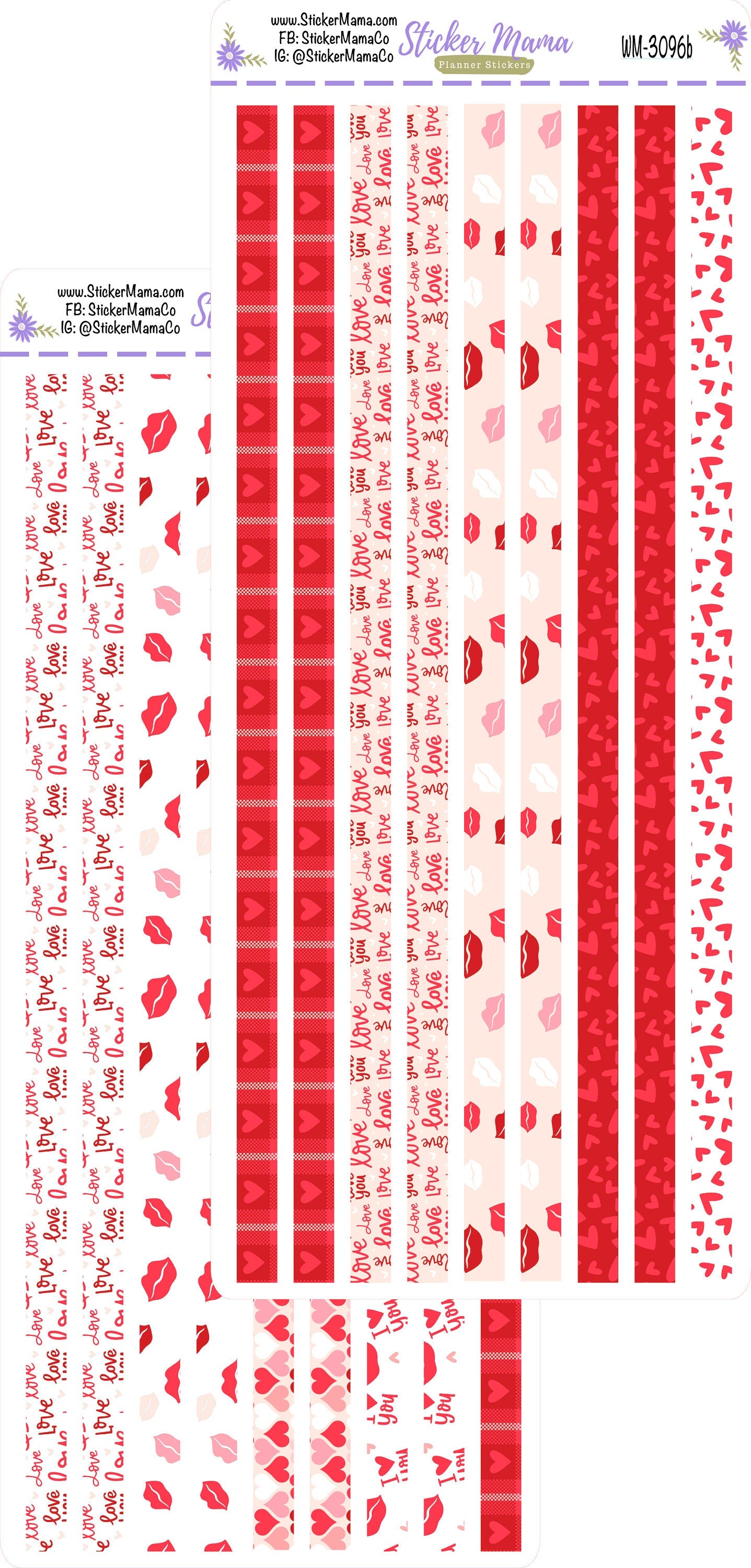 W-3096- Hearts 'n Kisses Washi Stickers || Planner Stickers || Washi for Planners