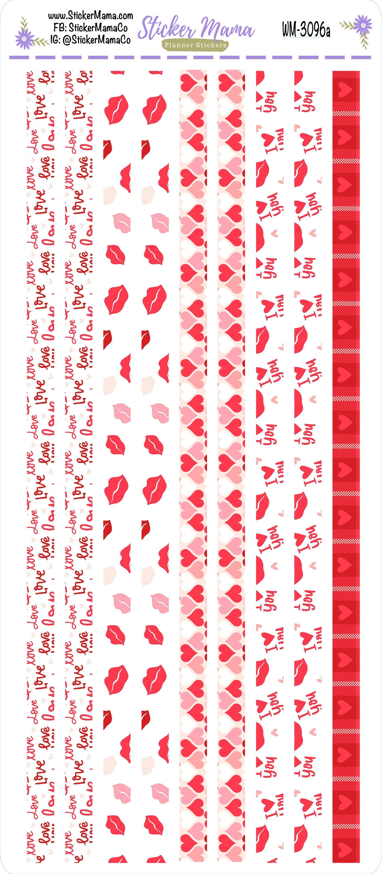 W-3096- Hearts 'n Kisses Washi Stickers || Planner Stickers || Washi for Planners