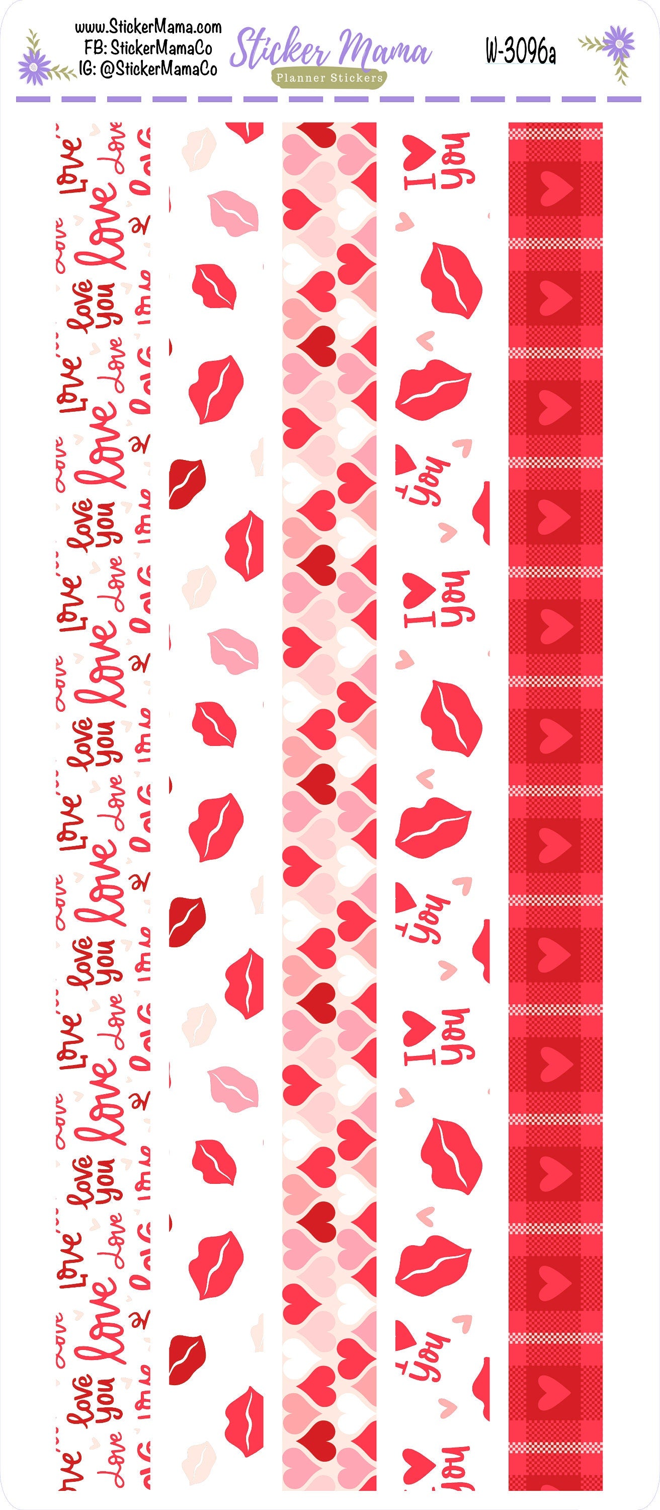 W-3096- Hearts 'n Kisses Washi Stickers || Planner Stickers || Washi for Planners