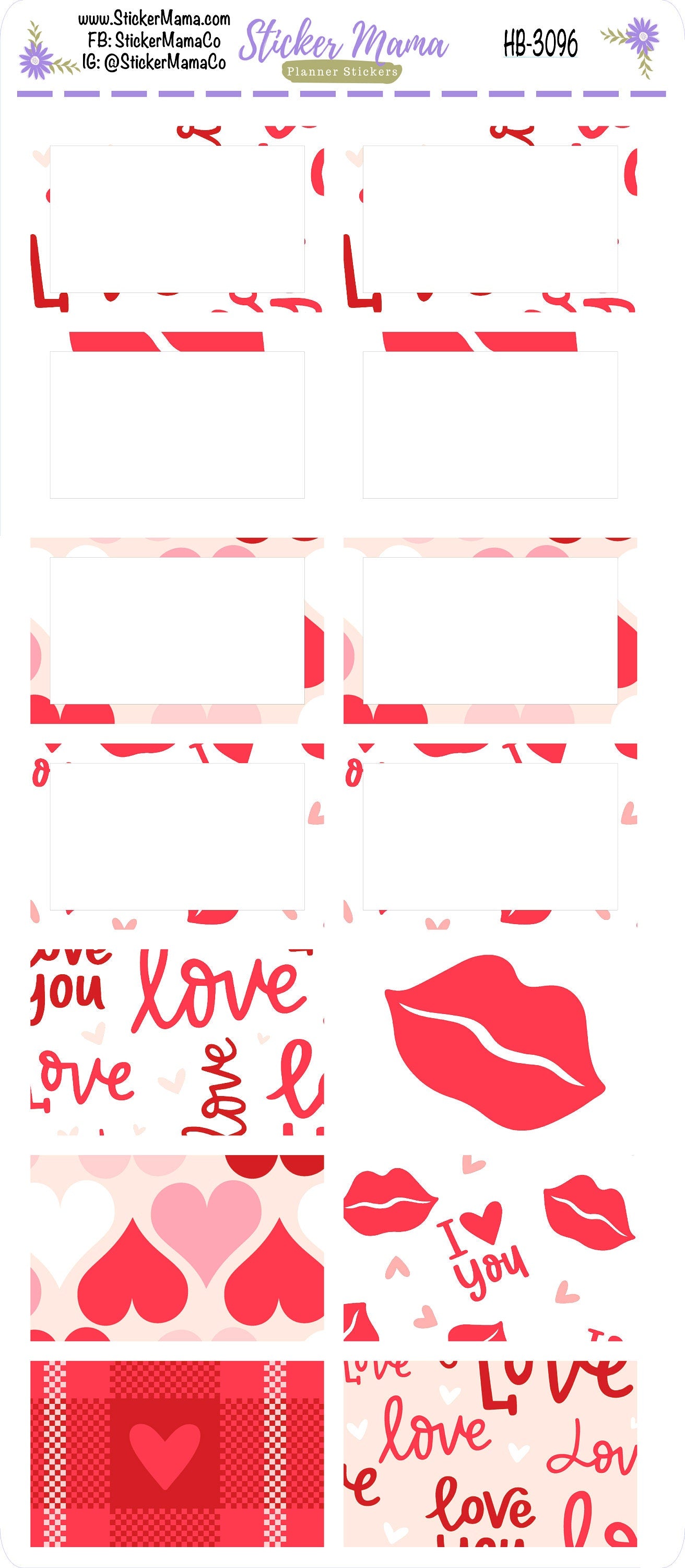 BL-3096 - HB-3096 Hearts 'n Kisses Basic Label Stickers -  - Half Boxes - Planner Stickers - Full Box for Planners