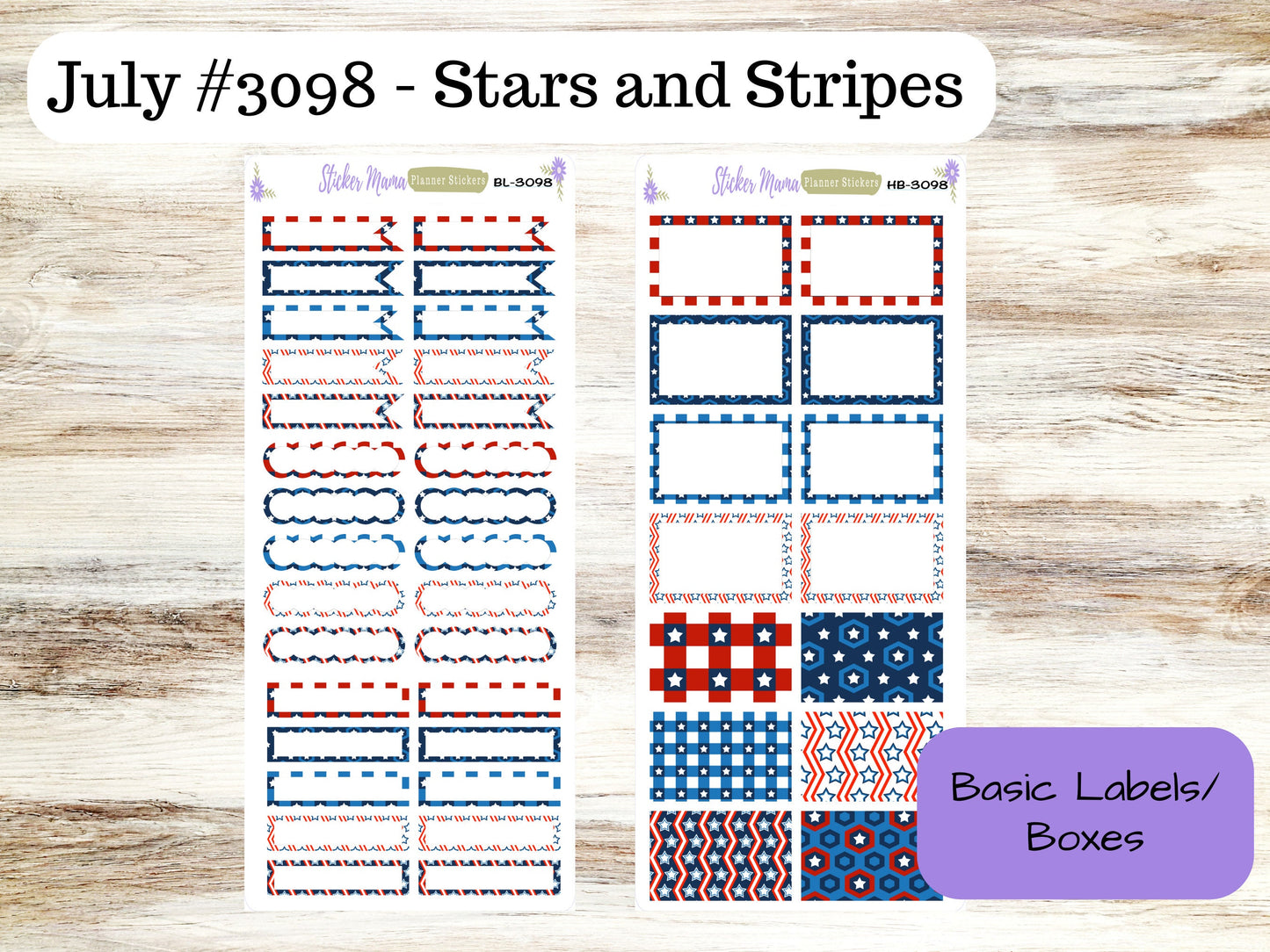 BL-3098 - HB-3098 Stars and Stripes Basic Label Stickers -  - Half Boxes - Planner Stickers - Full Box for Planners