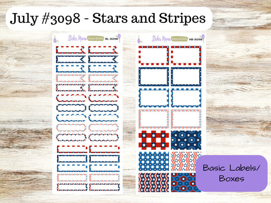 BL-3098 - HB-3098 Stars and Stripes Basic Label Stickers -  - Half Boxes - Planner Stickers - Full Box for Planners