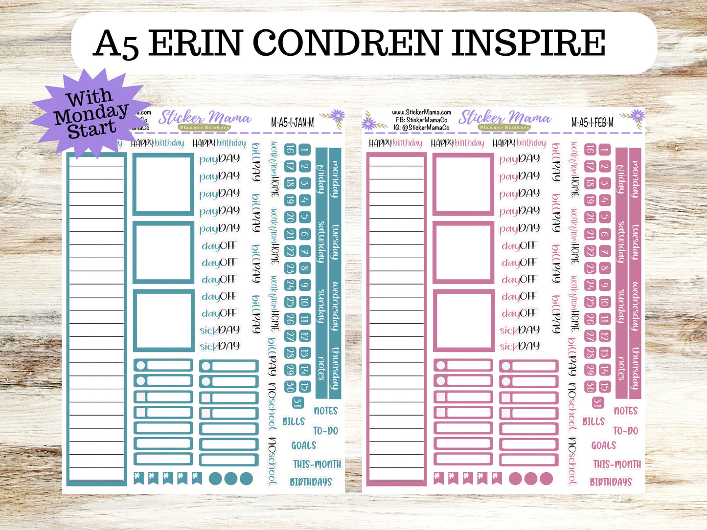 NEW ERIN CONDREN Inspire Monday Start M-A5-I || A5 Inspire Monthly Kit || Monthly Planner Stickers ||