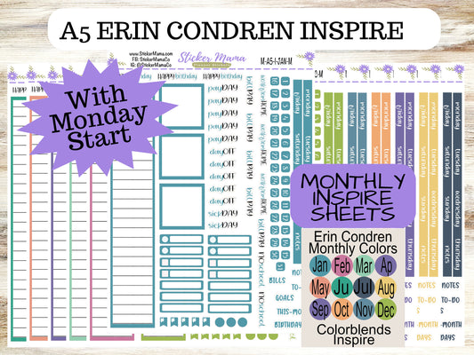 NEW ERIN CONDREN Inspire Monday Start M-A5-I || A5 Inspire Monthly Kit || Monthly Planner Stickers ||