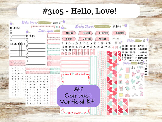 ERIN CONDREN A5 Compact Vertical -Kit #3105 || Hello, Love! - Compact Vertical - Planner Stickers - Erin Condren Compact Vertical Weekly Kit