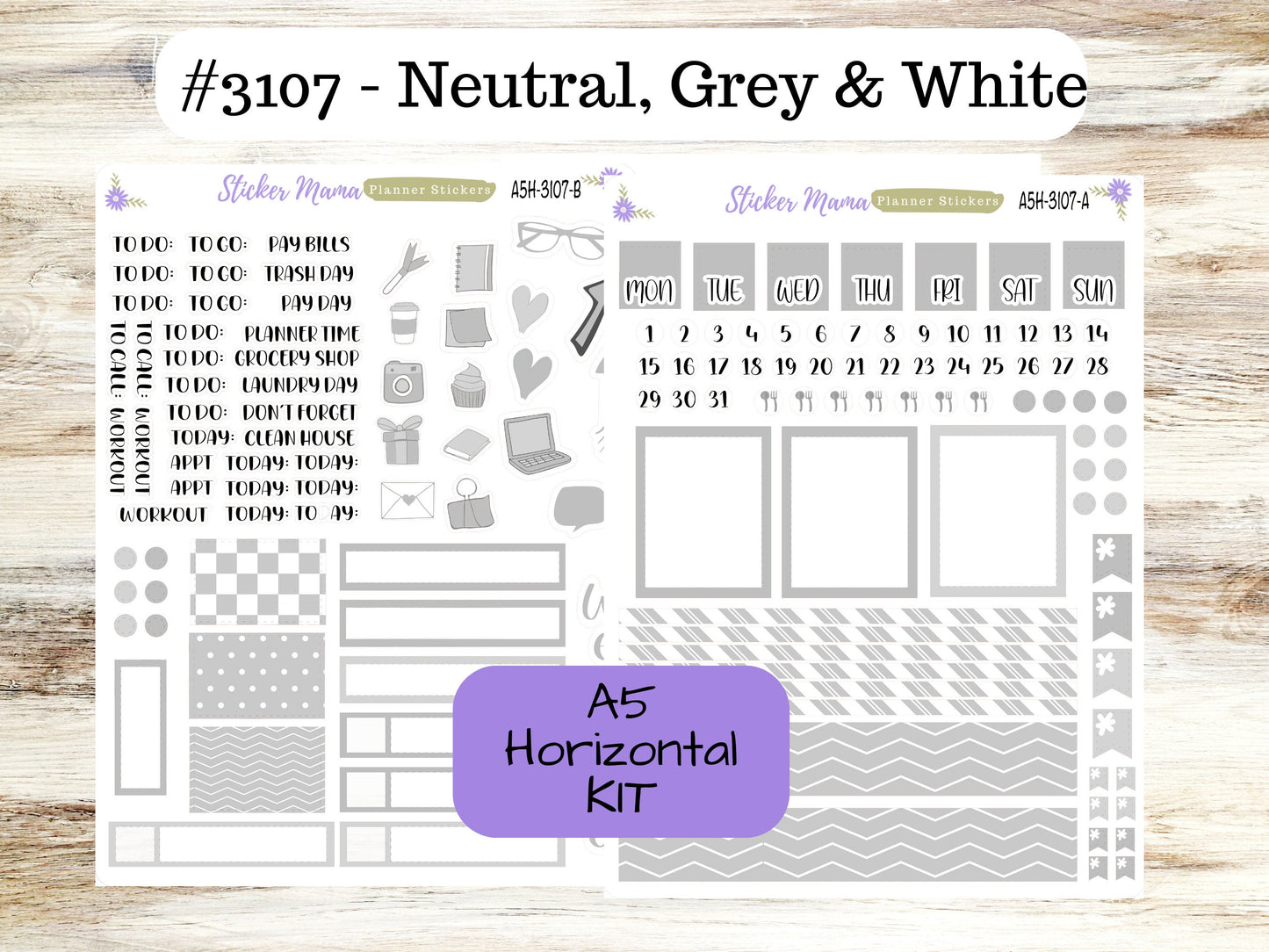 ERIN CONDREN A5 Horizontal || #3107 || Neutral, Grey & White  || A5 Weekly Kit || Planner Stickers || Erin Condren A5 Horizontal Weekly Kit