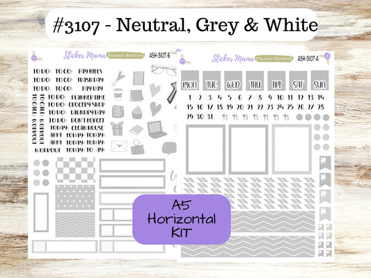 ERIN CONDREN A5 Horizontal || #3107 || Neutral, Grey & White  || A5 Weekly Kit || Planner Stickers || Erin Condren A5 Horizontal Weekly Kit