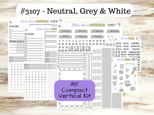 ERIN CONDREN A5 Compact Vertical-Kit #3107 || Neutral, Grey & White - Planner Stickers - Erin Condren Compact Vertical Weekly Kit