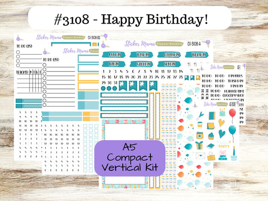 ERIN CONDREN Compact Vertical-Kit #3108 ||  Happy Birthday! - Planner Stickers - Erin Condren Compact Vertical Weekly Kit