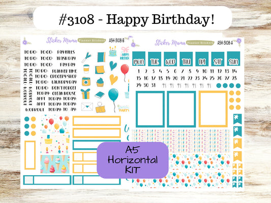 ERIN CONDREN A5 Horizontal || #3108 || Happy Birthday!  || A5 Weekly Kit || Planner Stickers || Erin Condren A5 Horizontal Weekly Kit