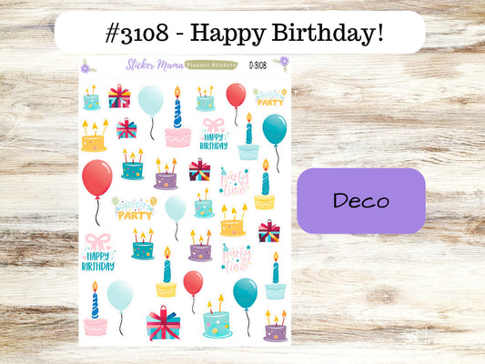 DECO-3108 ||  Happy Birthday! || PLANNER STICKERS || Birthday Stickers ||