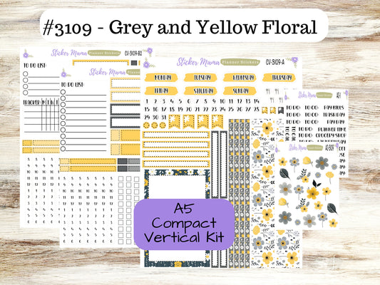 ERIN CONDREN A5 Compact Vertical-Kit #3109 || Grey and Yellow Floral  - Planner Stickers - Erin Condren Compact Vertical Weekly Kit