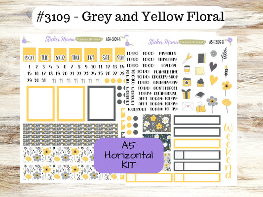 ERIN CONDREN A5 Horizontal || #3109 || Grey and Yellow Floral  || A5 Weekly Kit || Planner Stickers || Erin Condren A5 Horizontal Weekly Kit