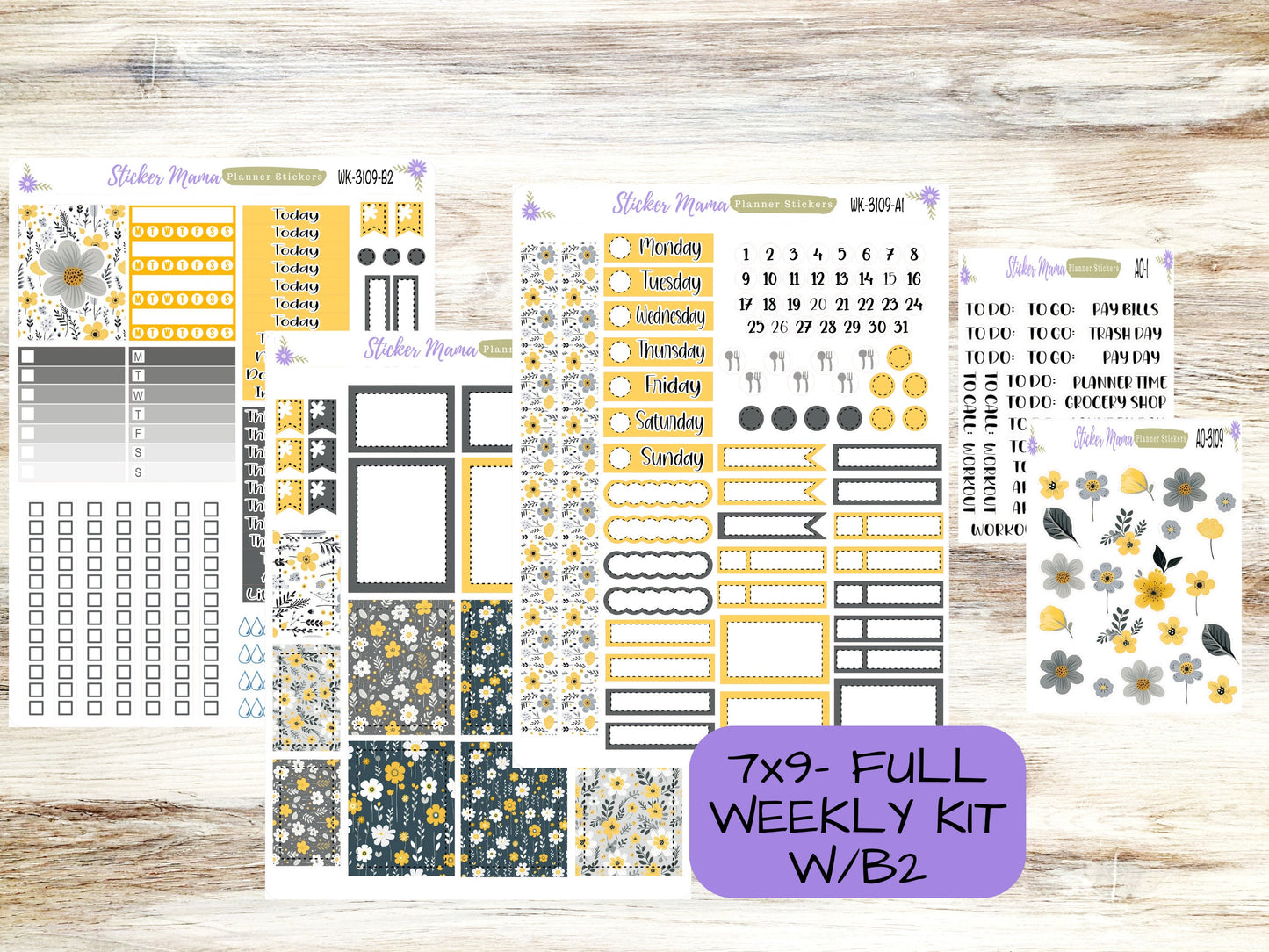 ERIN CONDREN WK-3109 - Grey and Yellow Floral   || Weekly Planner Kit || Erin Condren || Hourly Planner Kit || Vertical Planner Kit