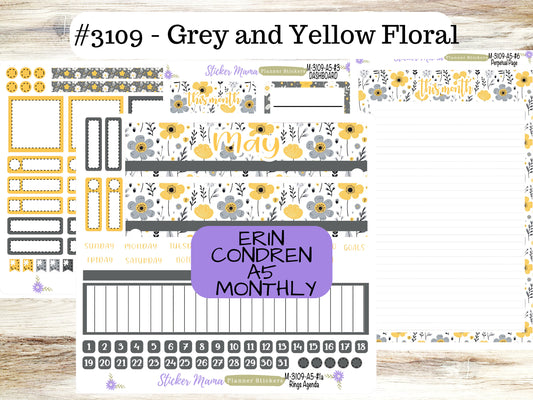 ERIN CONDREN Monthly Kit-3109 || A5 || Grey and Yellow Floral  || - ec May Monthly Kit - MayMonthly Planner Kits - Monthly Pages