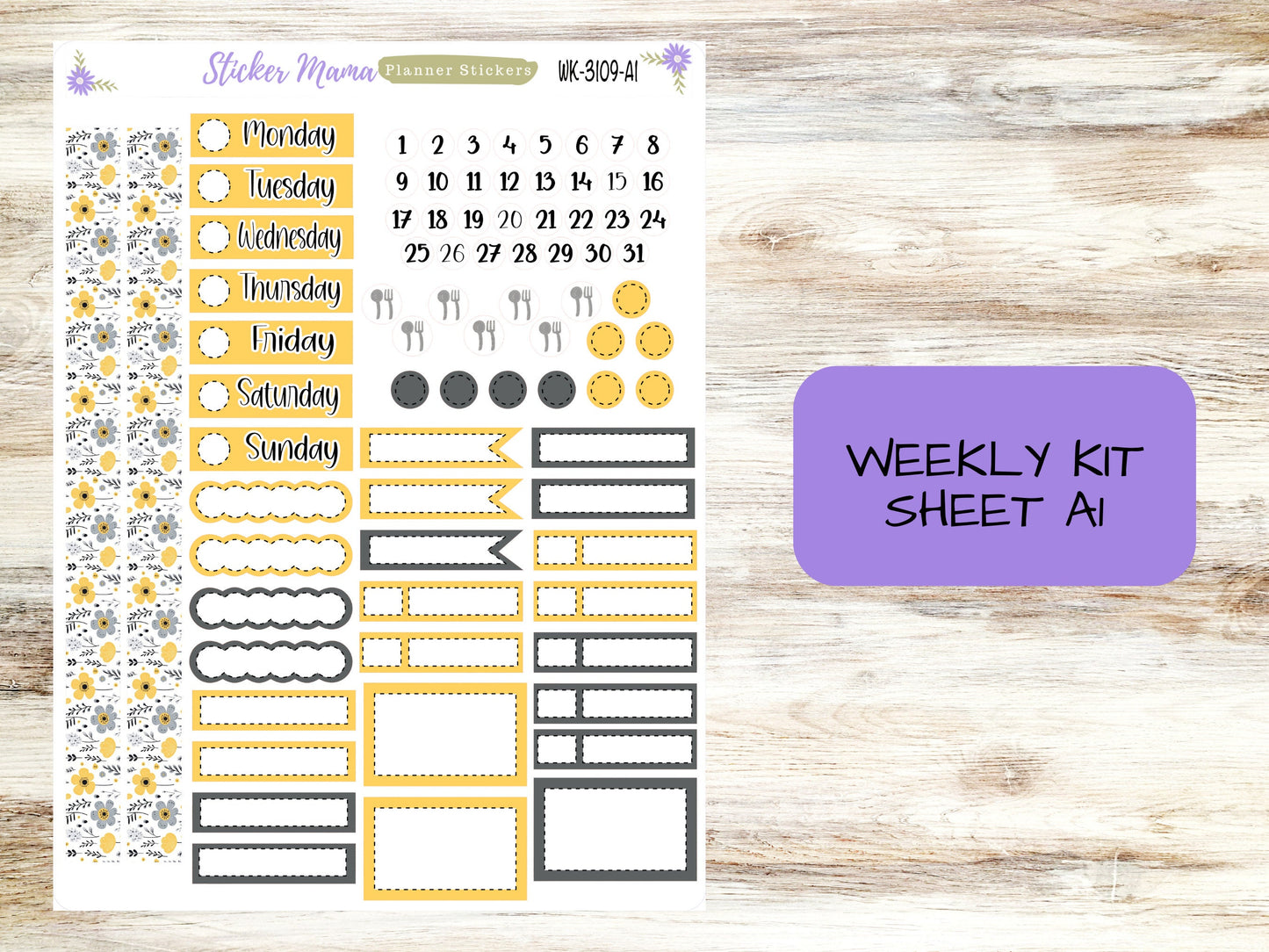 ERIN CONDREN WK-3109 - Grey and Yellow Floral   || Weekly Planner Kit || Erin Condren || Hourly Planner Kit || Vertical Planner Kit