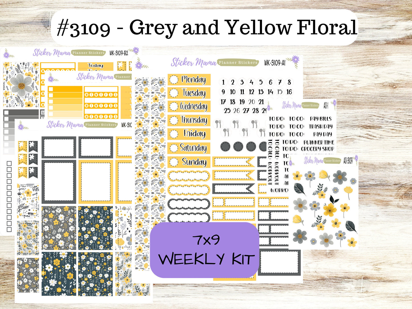 ERIN CONDREN WK-3109 - Grey and Yellow Floral   || Weekly Planner Kit || Erin Condren || Hourly Planner Kit || Vertical Planner Kit