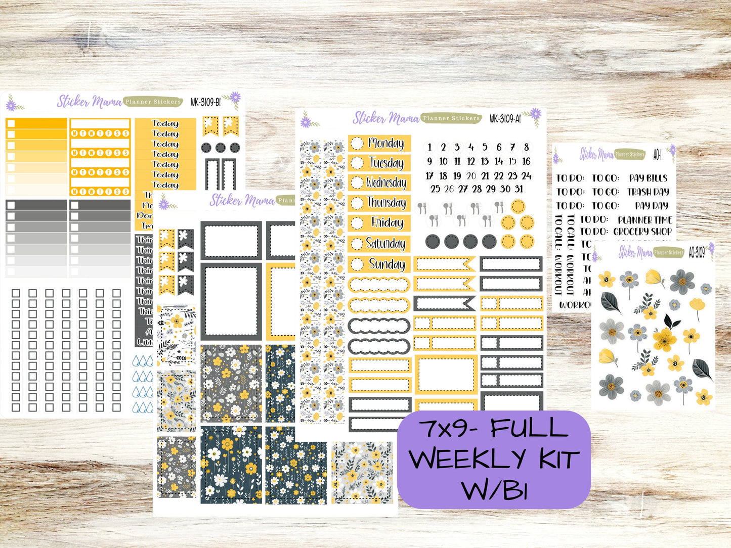 ERIN CONDREN WK-3109 - Grey and Yellow Floral   || Weekly Planner Kit || Erin Condren || Hourly Planner Kit || Vertical Planner Kit