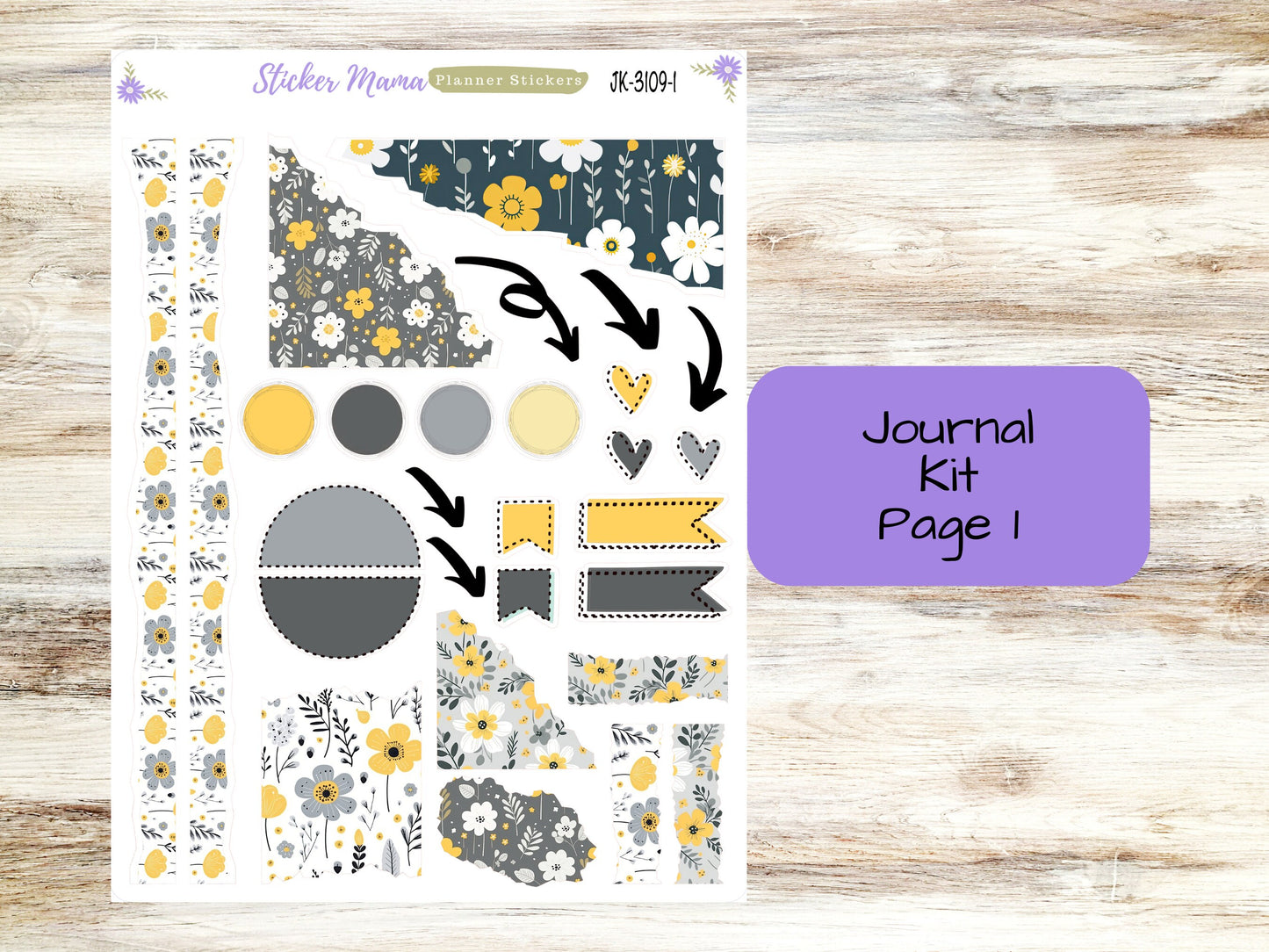 JOURNALING KIT  || #3109 || Grey and Yellow Floral  || Journal Planner || Planner Stickers || Journal Stickers