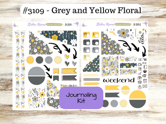 JOURNALING KIT  || #3109 || Grey and Yellow Floral  || Journal Planner || Planner Stickers || Journal Stickers