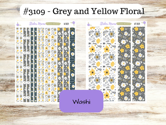 WASHI PLANNER STICKERS || 3109 || Grey and Yellow Floral || Washi Stickers || Planner Stickers || Washi for Planners