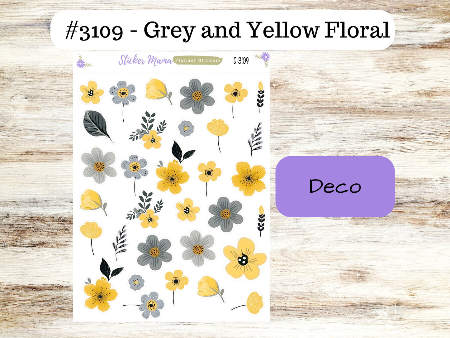 DECO-3109 || Grey and Yellow Floral  || PLANNER STICKERS || Spring Stickers ||