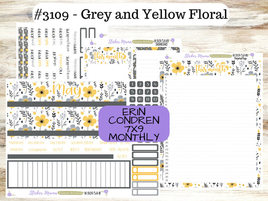 ERIN CONDREN Monthly Kit-3109 || 7X9 || Grey and Yellow Floral  - 7x9 ec May Monthly Kit - May Monthly Planner Kits -  Monthly Pages