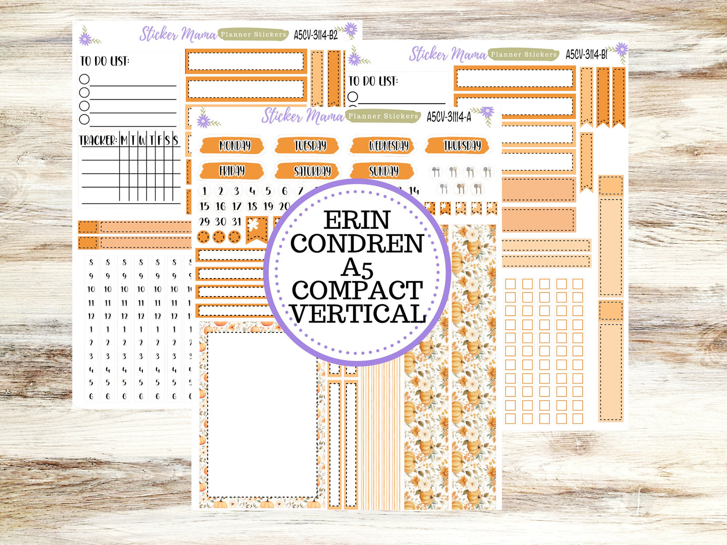 A5 COMPACT VERTICAL-Kit #3114 ||    Pumpkin Paradise - Compact Vertical - Planner Stickers - Erin Condren Compact Vertical Weekly Kit