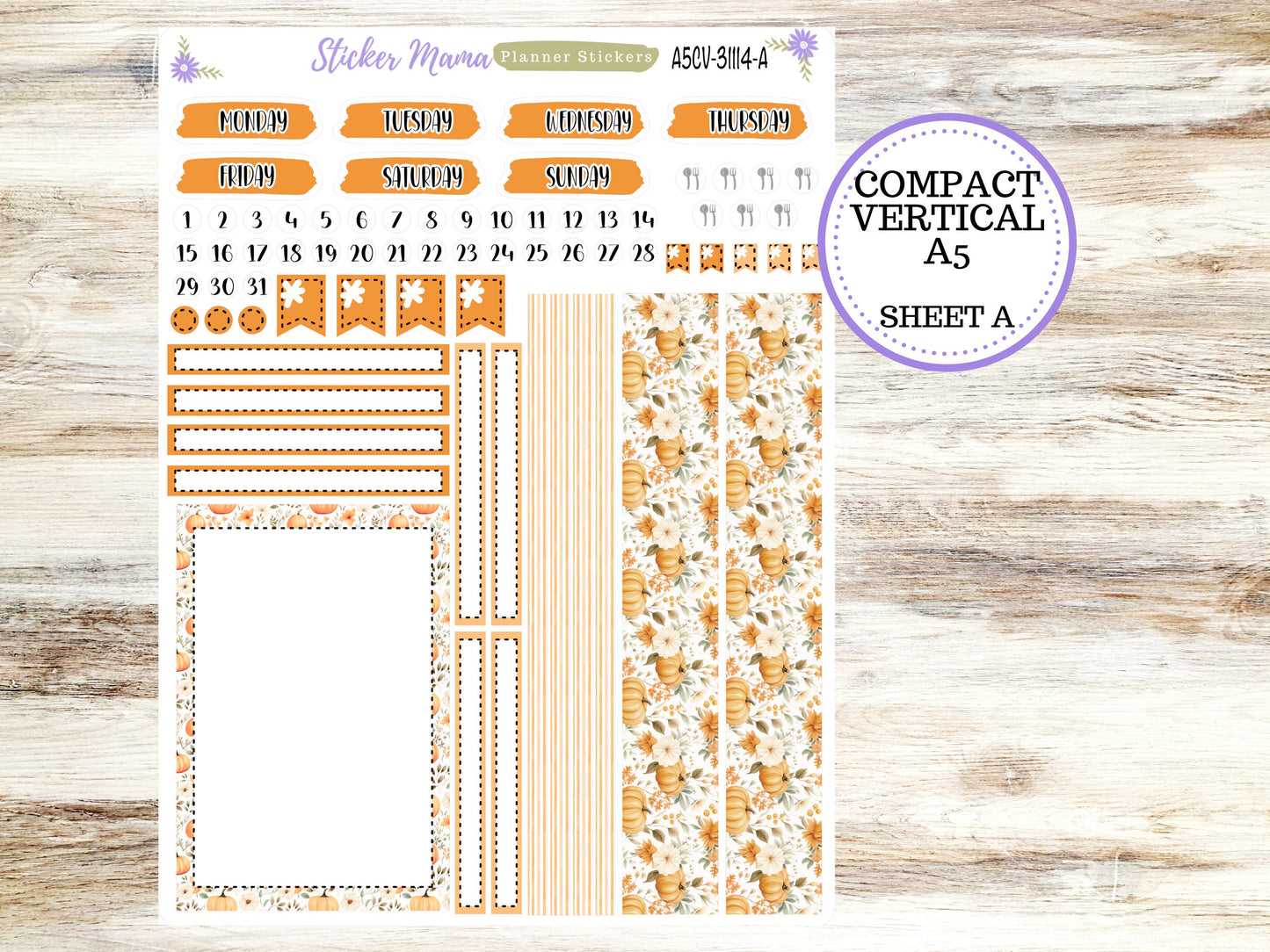 ERIN CONDREN A5 Compact Vertical-Kit #3114 ||    Pumpkin Paradise - Planner Stickers - Erin Condren Compact Vertical Weekly Kit