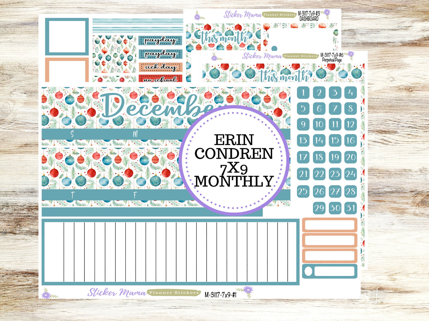 ERIN CONDREN Monthly Kit-3117 || 7X9 ||  Merry Ornaments Monthly  - 7x9 EC December Monthly Kit - December Monthly Planner Kits -  Monthly