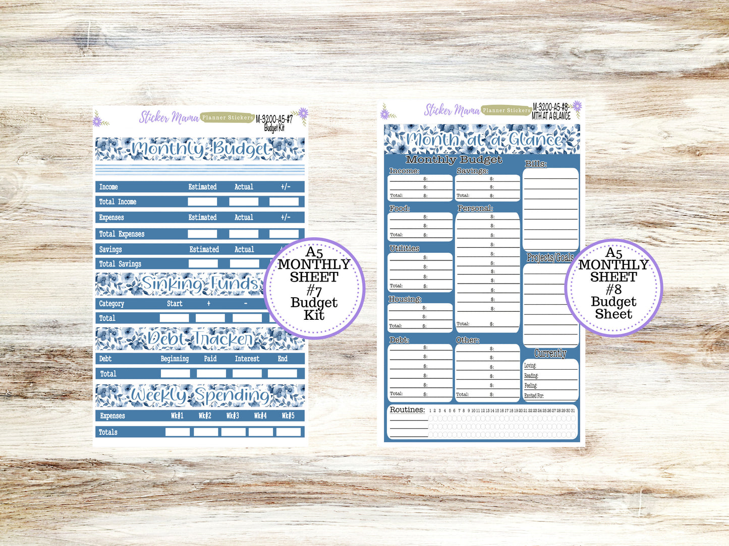 ERIN CONDRE Monthly  Kit-3200 || A5 || Cool Blue Stickers  || - ec any Monthly Kit - Floral Monthly Planner Kits - Monthly