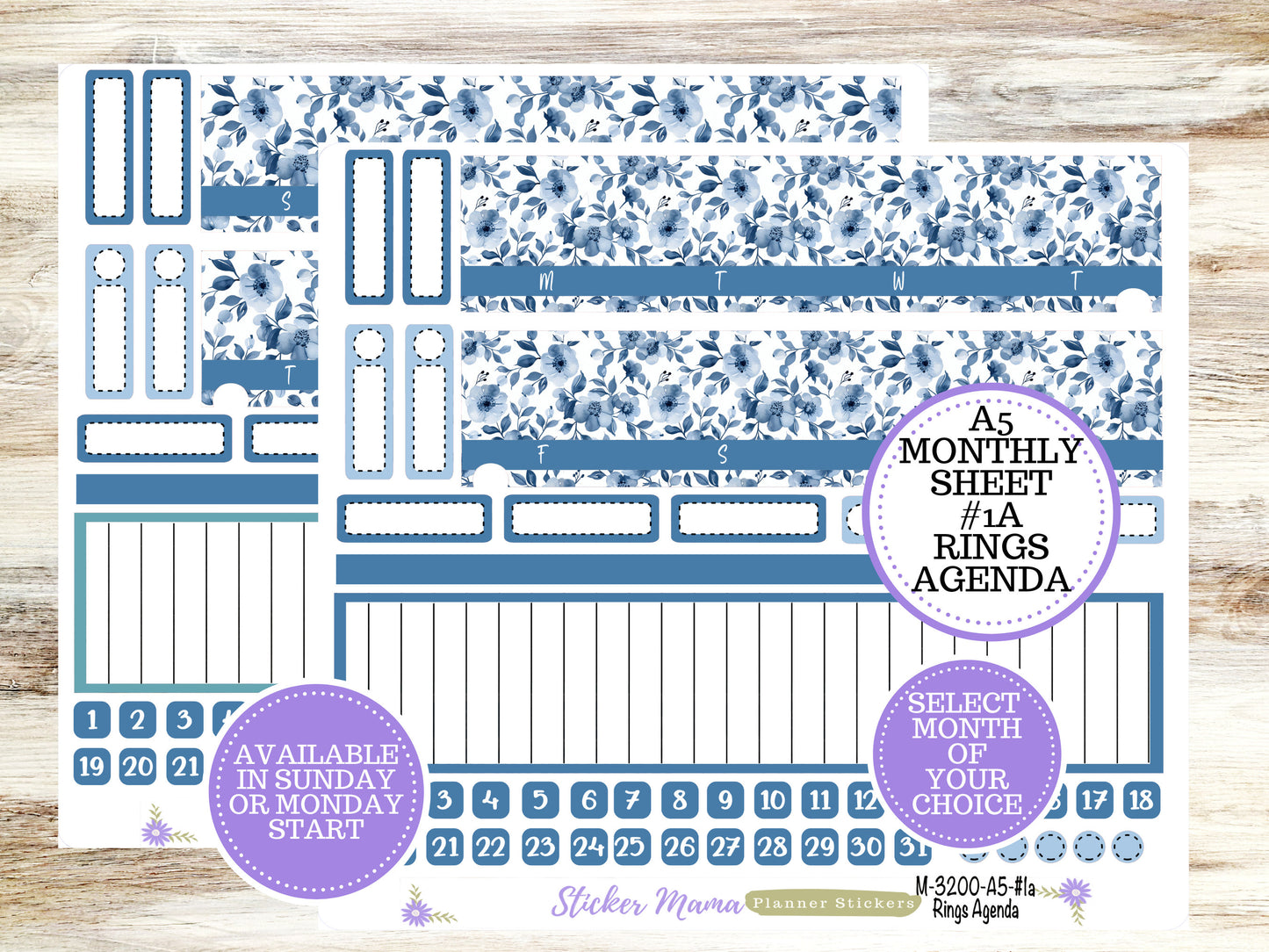 ERIN CONDRE Monthly  Kit-3200 || A5 || Cool Blue Stickers  || - ec any Monthly Kit - Floral Monthly Planner Kits - Monthly