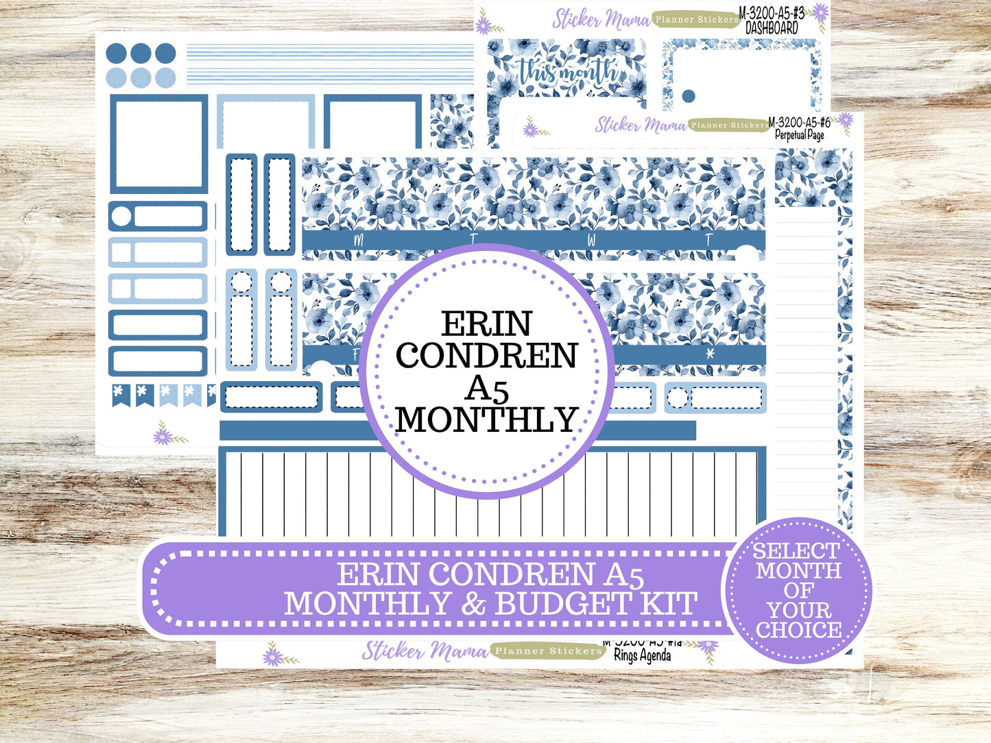 ERIN CONDRE Monthly  Kit-3200 || A5 || Cool Blue Stickers  || - ec any Monthly Kit - Floral Monthly Planner Kits - Monthly