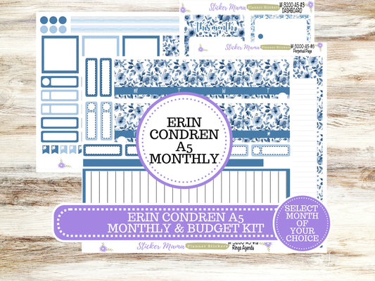 ERIN CONDRE Monthly  Kit-3200 || A5 || Cool Blue Stickers  || - ec any Monthly Kit - Floral Monthly Planner Kits - Monthly