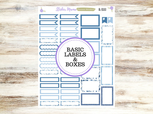 BL-3200 ||  Cool Blue Stickers ||  Basic Label Stickers -  - Half Boxes - Planner Stic