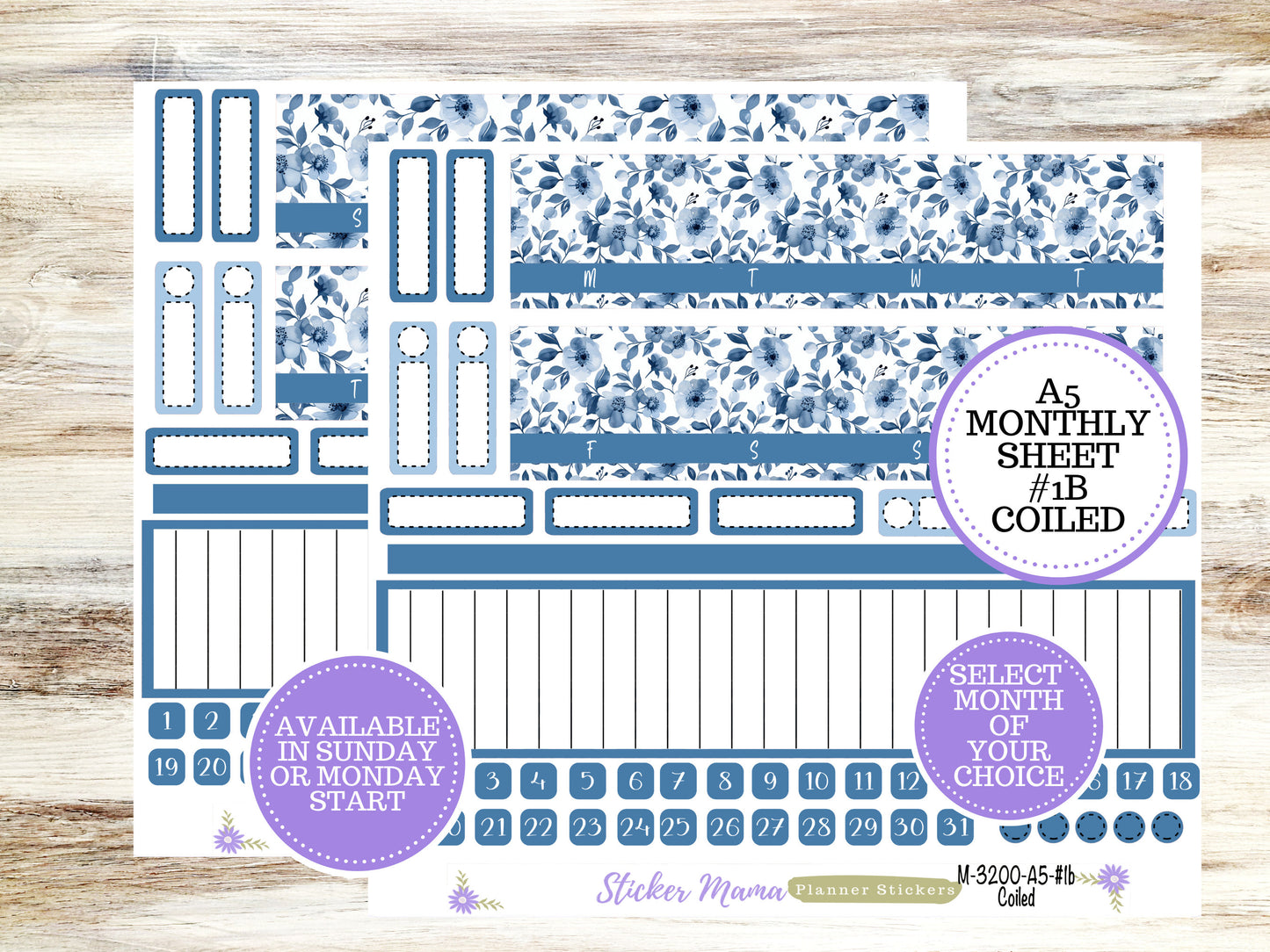 ERIN CONDRE Monthly  Kit-3200 || A5 || Cool Blue Stickers  || - ec any Monthly Kit - Floral Monthly Planner Kits - Monthly