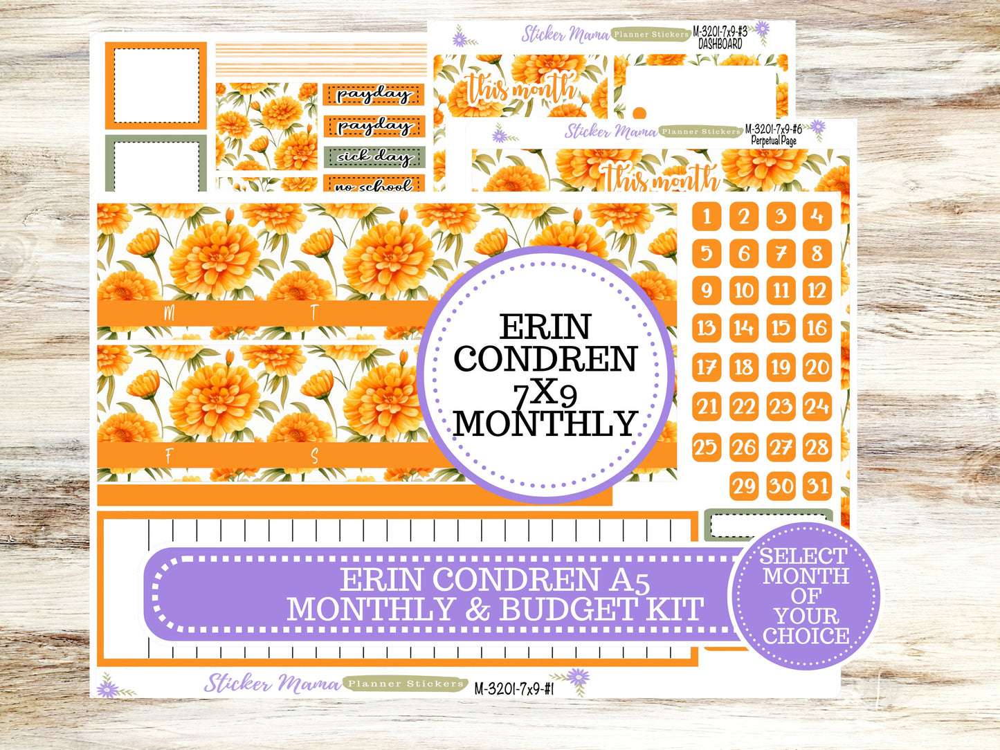 ERIN CONDREN Monthly Kit-3201 || 7X9 || Fall Colors Monthly  - 7x9 EC Any Monthly Kit - Floral Monthly Planner Kits -  Monthly