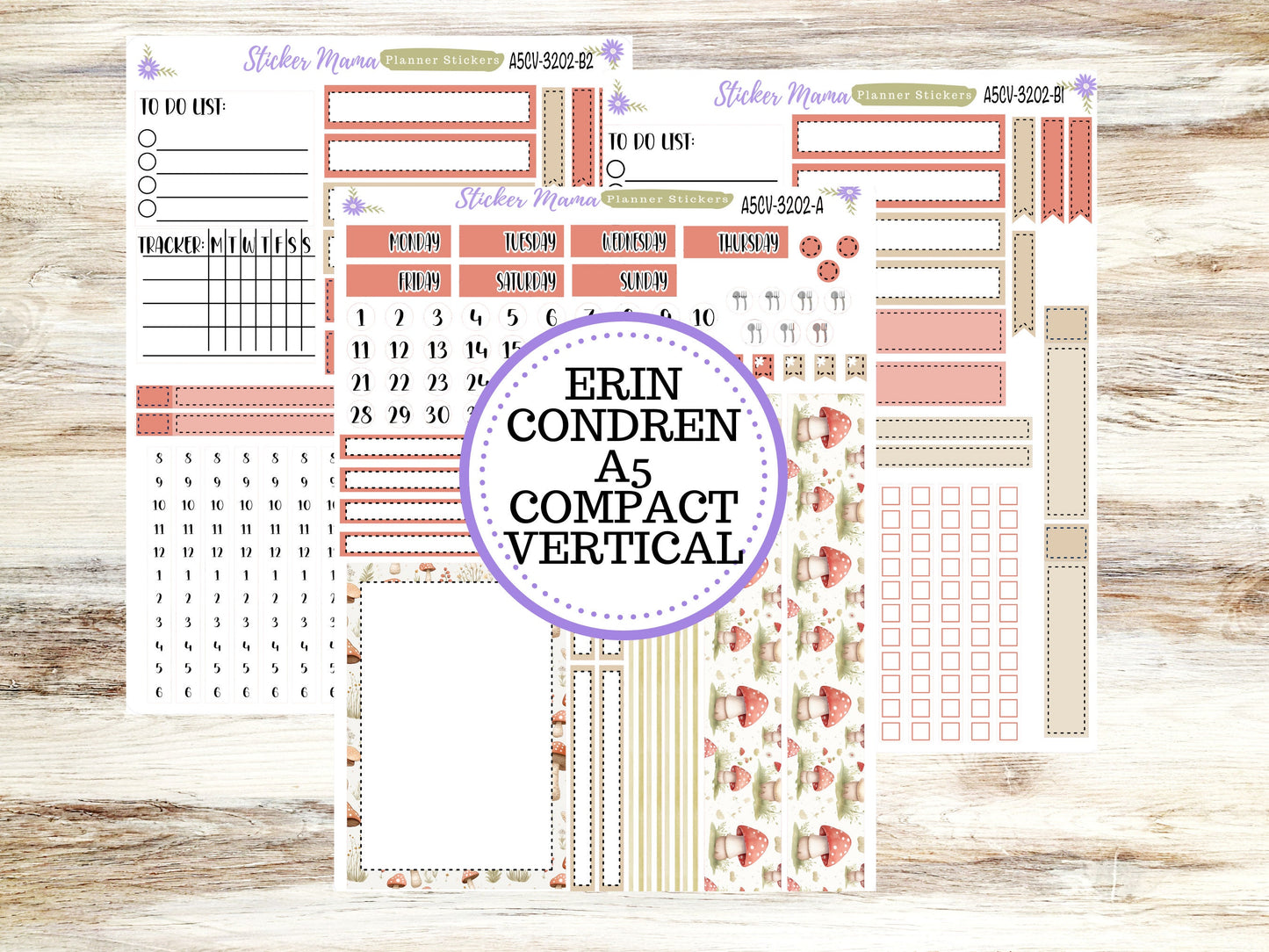 ERIN CONDREN A5 Compact Vertical-Kit #3202 || Mushroom Bloom - Planner Stickers - Erin Condren Compact Vertical  Weekly Kit