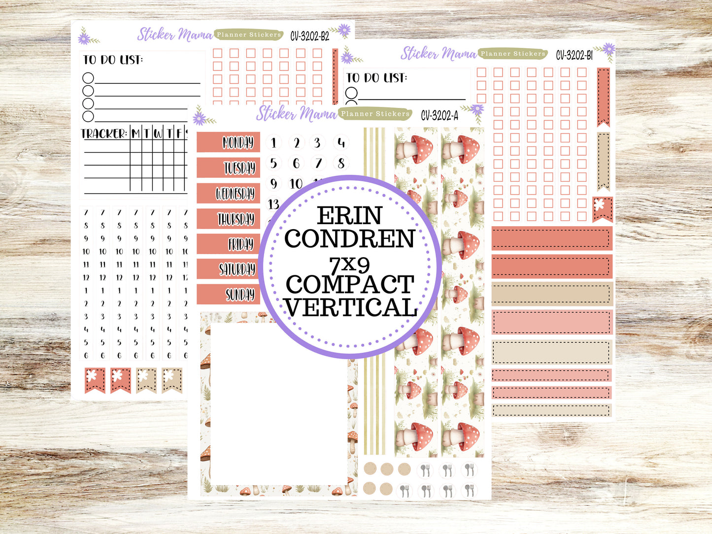 ERIN CONDREN 7x9 Compact Vertical-Kit #3202 || Mushroom Bloom - Planner Stickers - Erin Condren Compact Vertical  Weekly Kit