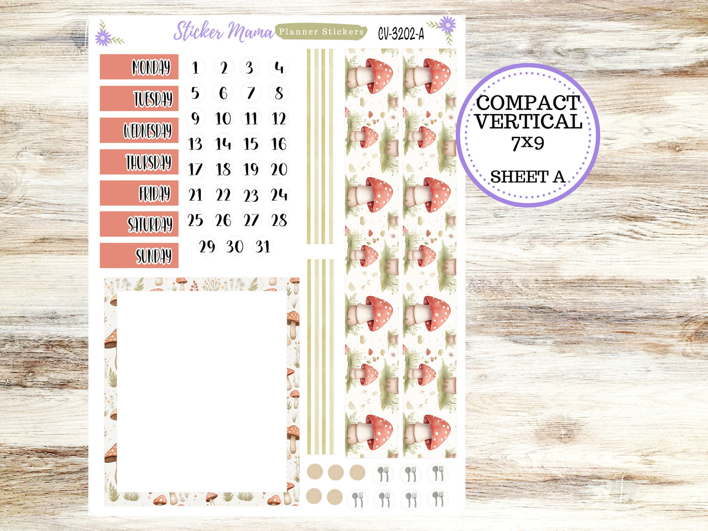 ERIN CONDREN 7x9 Compact Vertical-Kit #3202 || Mushroom Bloom - Planner Stickers - Erin Condren Compact Vertical  Weekly Kit